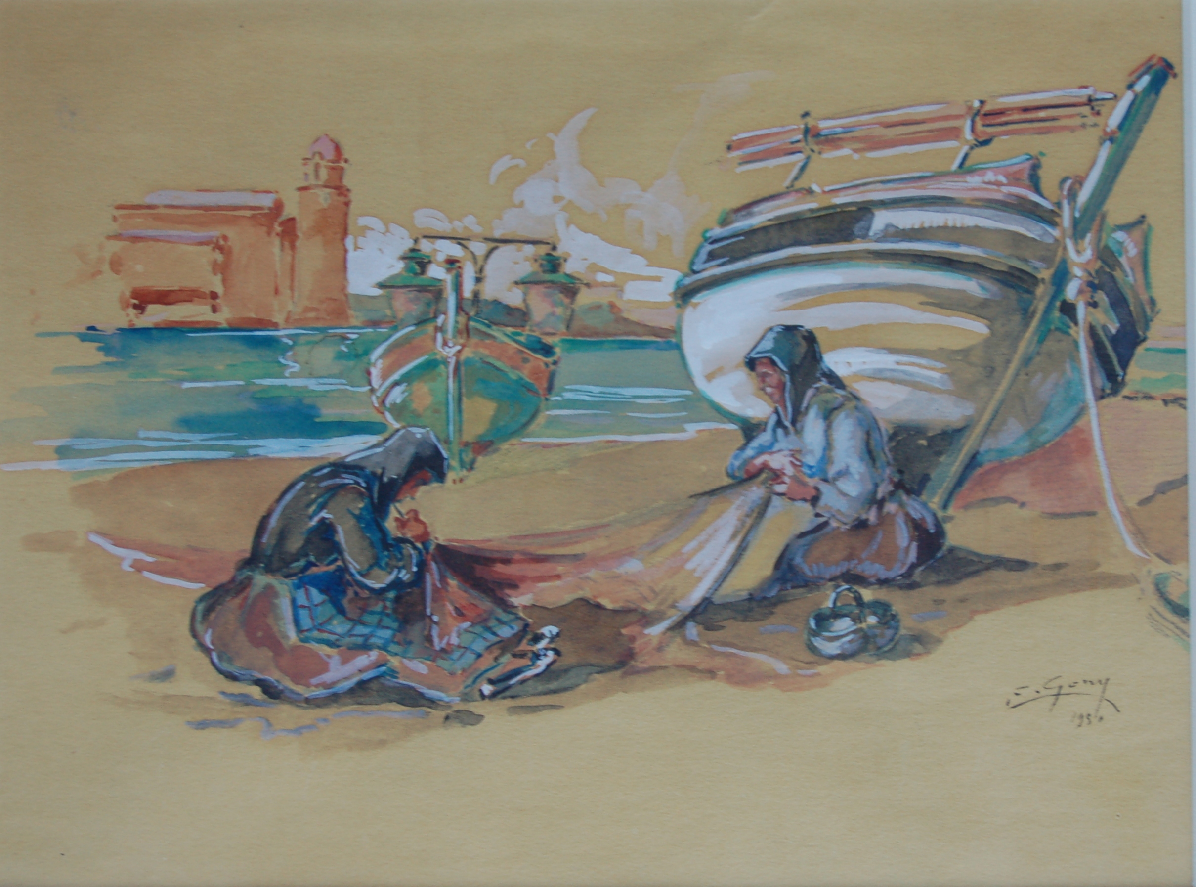 Etienne GONY (1911-1975) Collioure femmes raccommodant des filets sur la plage 1950